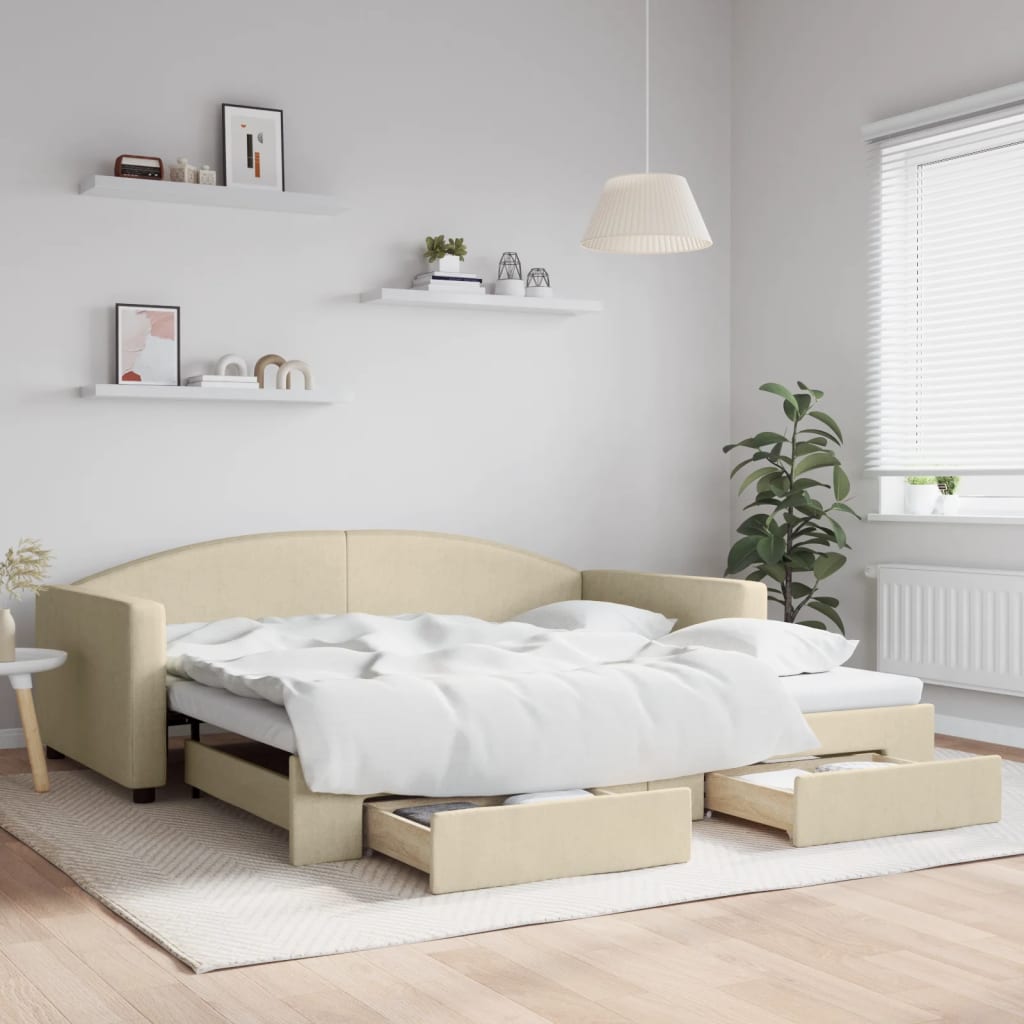 Lit de jour avec gigogne et tiroirs crème 100x200 cm tissu - XIOS