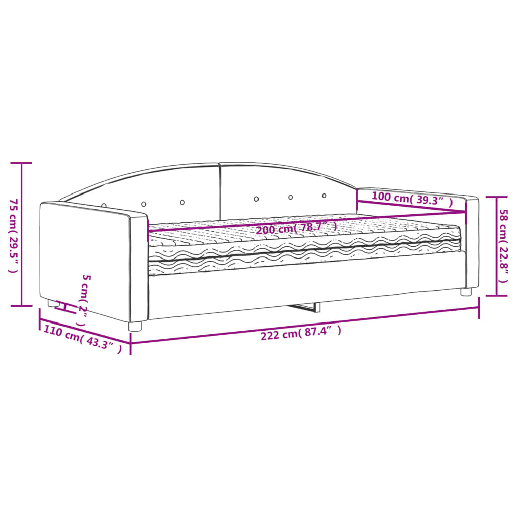 Lit de jour avec matelas gris foncé 100x200 cm velours - XIOS
