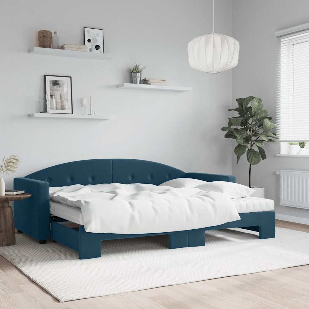 Lit de jour avec lit gigogne et matelas bleu 80x200 cm velours
