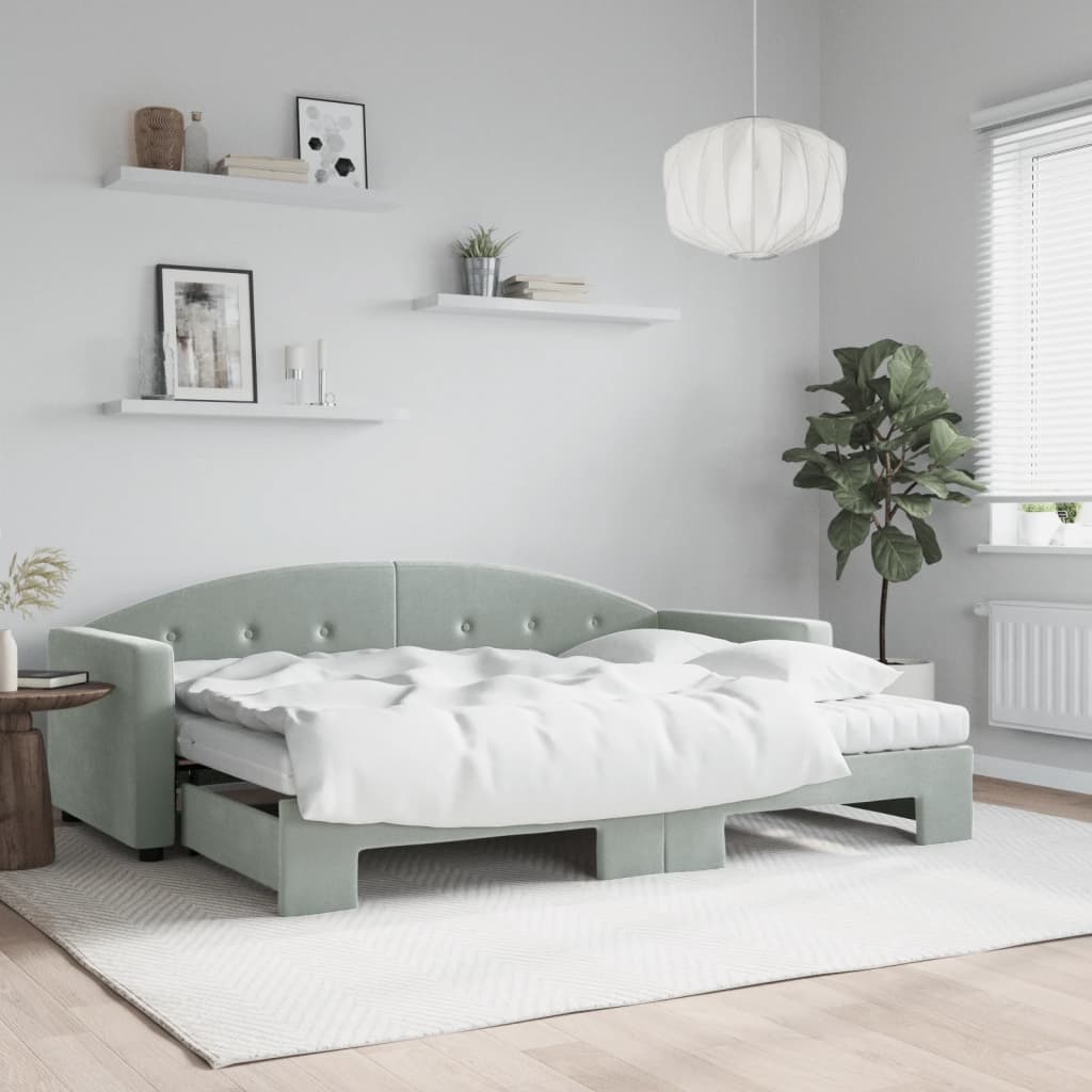 Lit de jour avec gigogne et matelas gris clair 80x200cm velours - XIOS