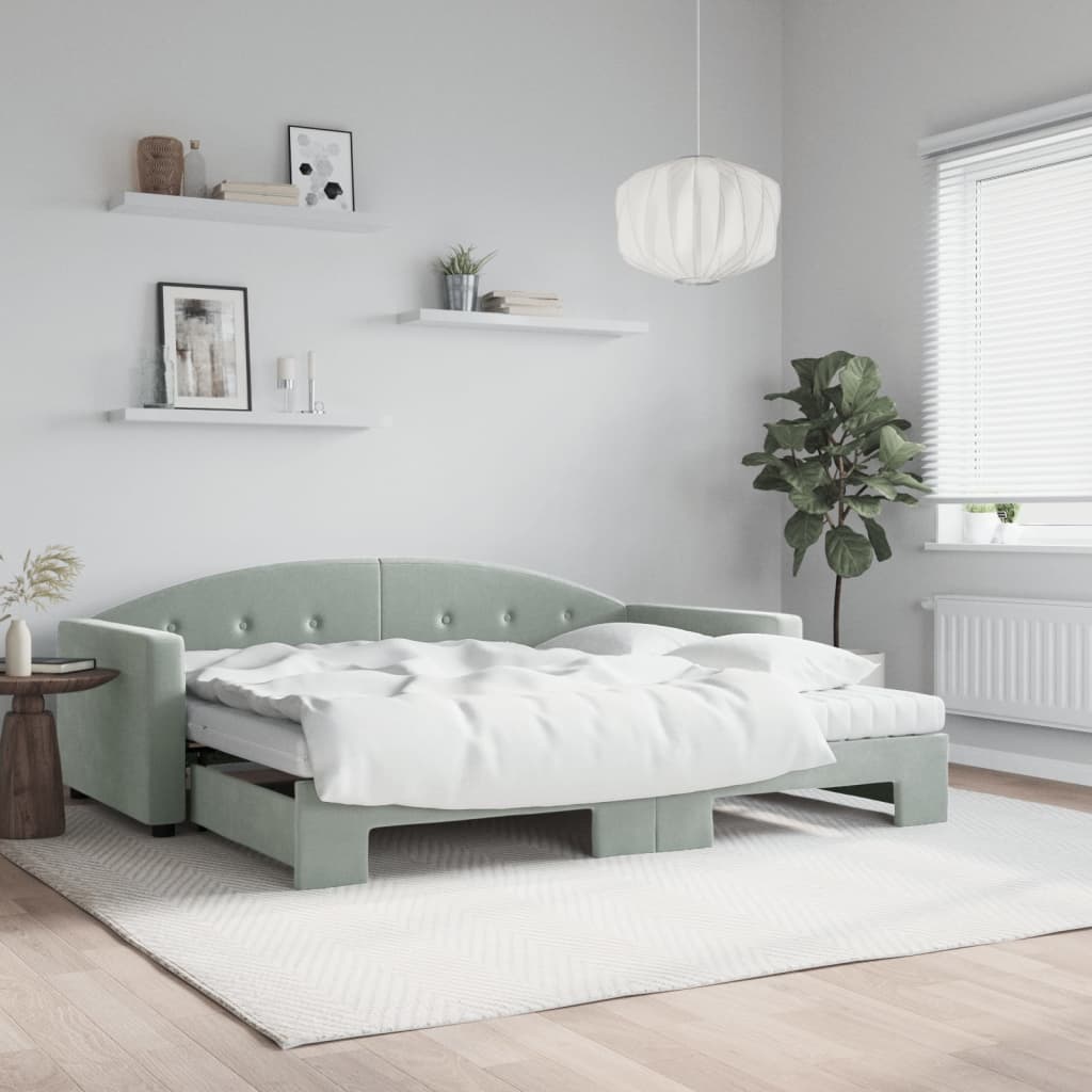 Lit de jour avec gigogne et matelas gris clair 90x200cm velours - XIOS