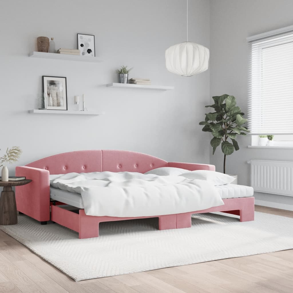 Lit de jour avec gigogne et matelas rose 90x200 cm velours - XIOS