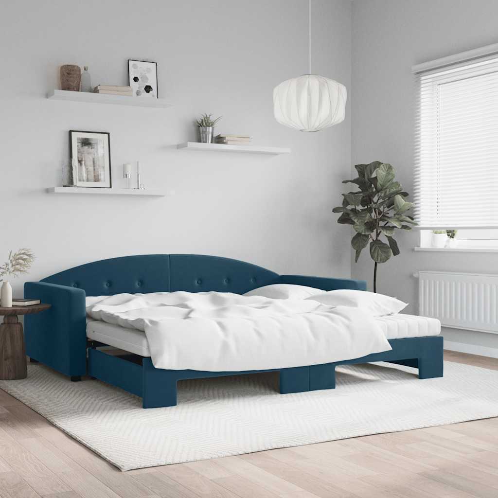 Lit de jour avec lit gigogne et matelas bleu 100x200 cm velours - XIOS