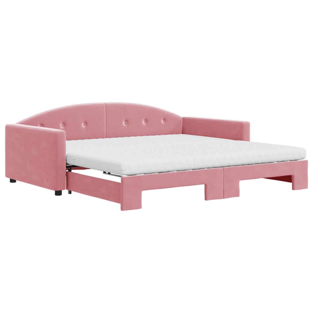Lit de jour avec lit gigogne et matelas rose 100x200 cm velours - XIOS