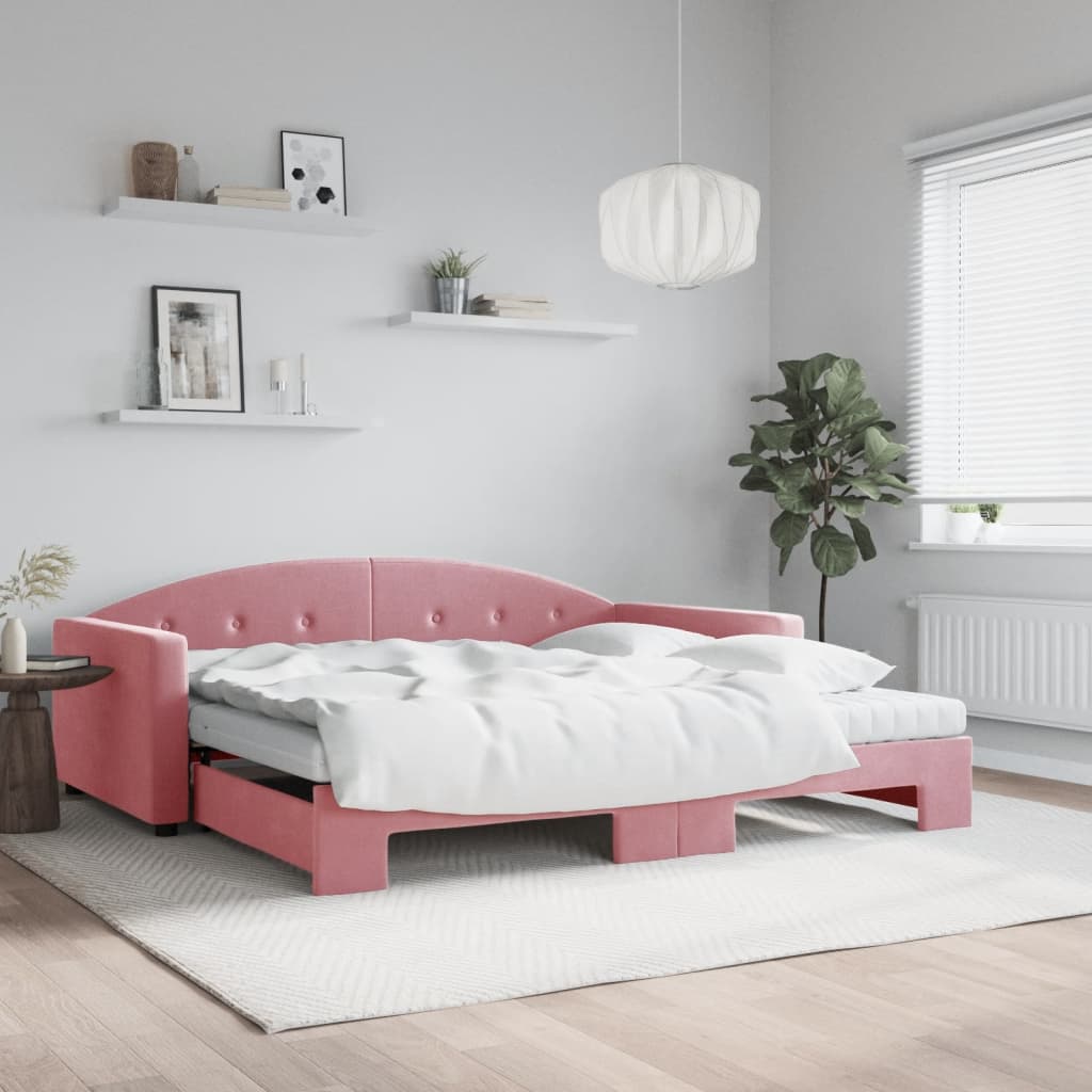 Lit de jour avec lit gigogne et matelas rose 100x200 cm velours - XIOS