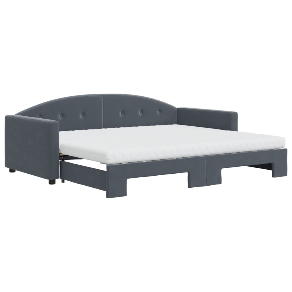 Lit de jour avec gigogne et matelas gris foncé 90x190cm velours