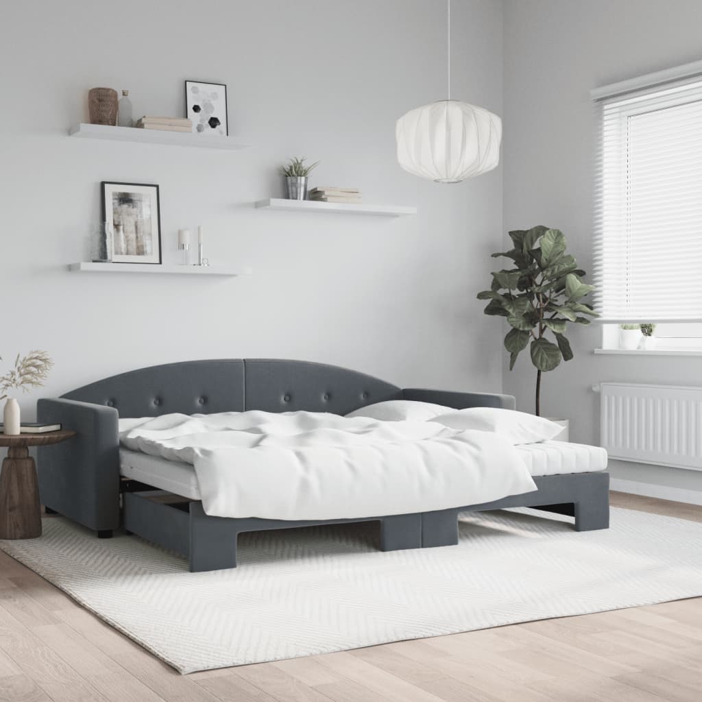 Lit de jour avec gigogne et matelas gris foncé 90x190cm velours