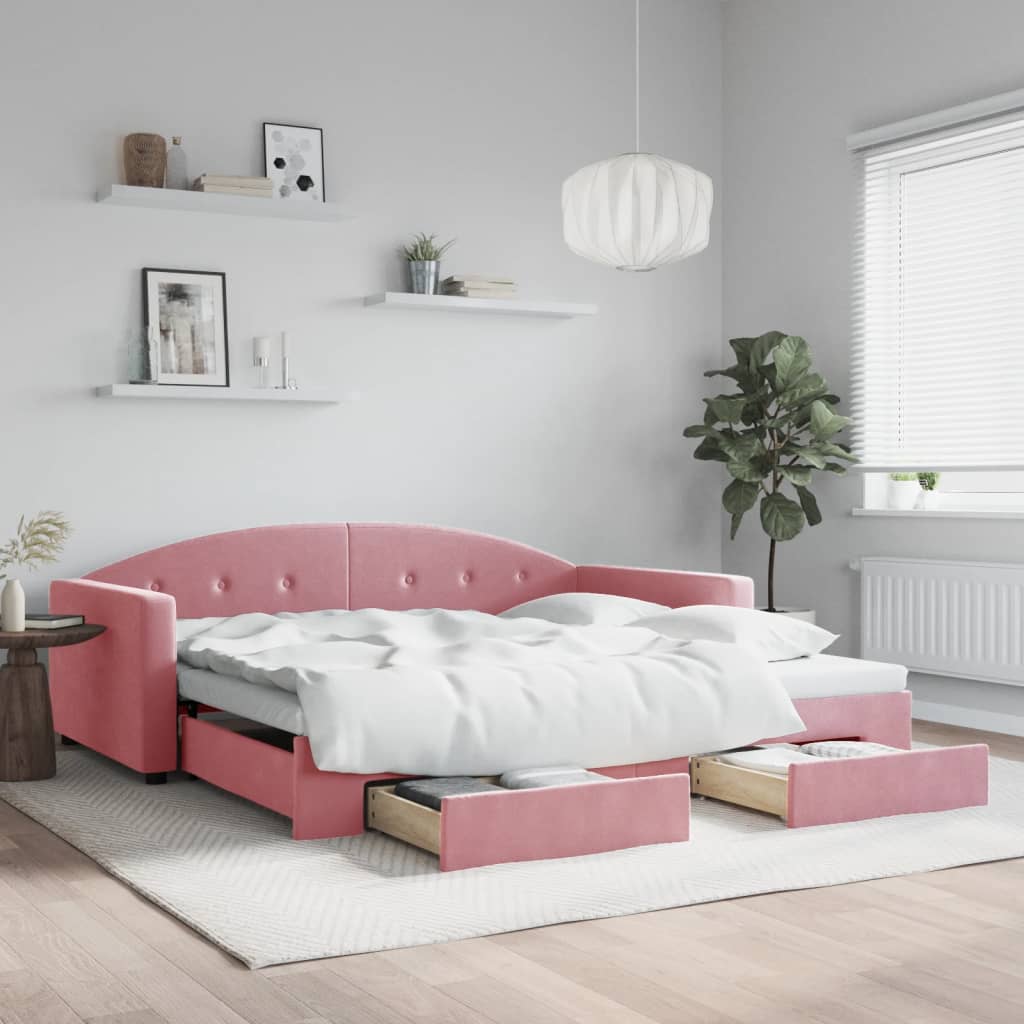 Lit de jour avec gigogne et tiroirs rose 100x200 cm velours - XIOS