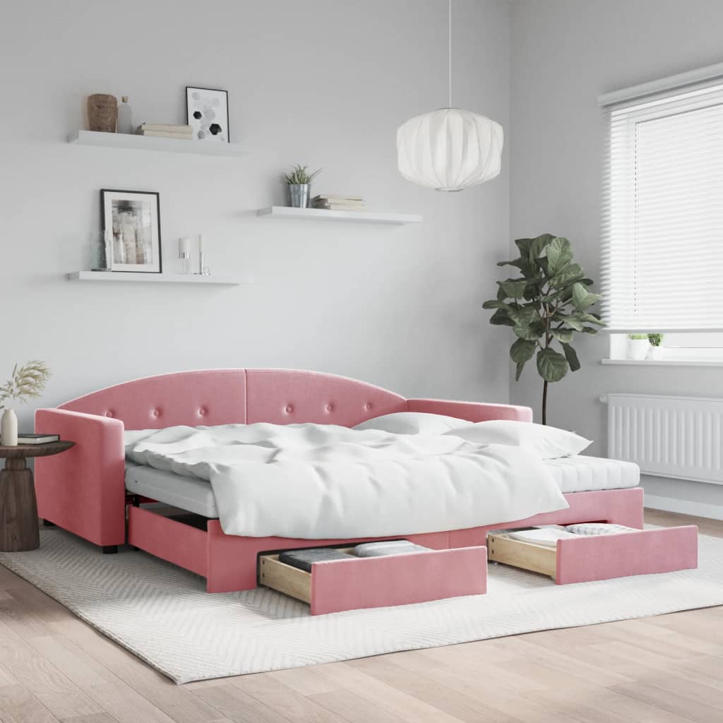 Lit de jour avec gigogne et tiroirs rose 100x200 cm velours - XIOS