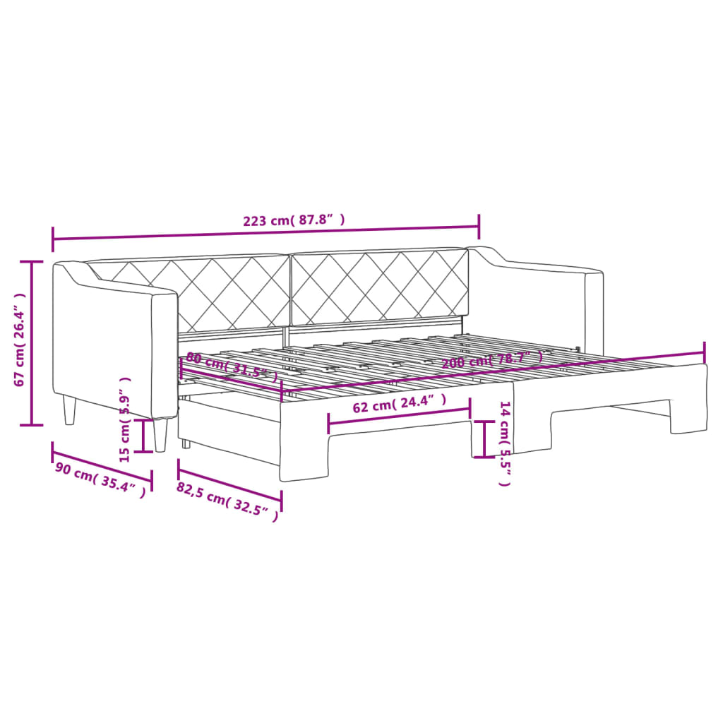 Lit de jour avec gigogne sans matelas taupe 80x200 cm - XIOS