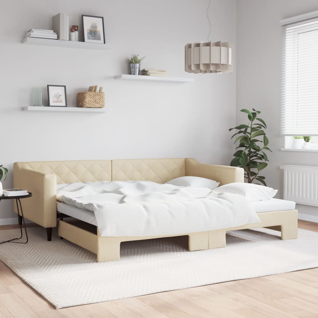 Lit de jour avec lit gigogne crème 100x200 cm tissu - XIOS