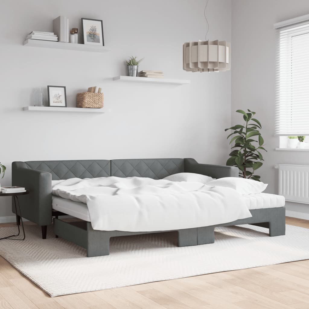 Lit de jour avec gigogne et matelas gris foncé 90x200 cm tissu - XIOS