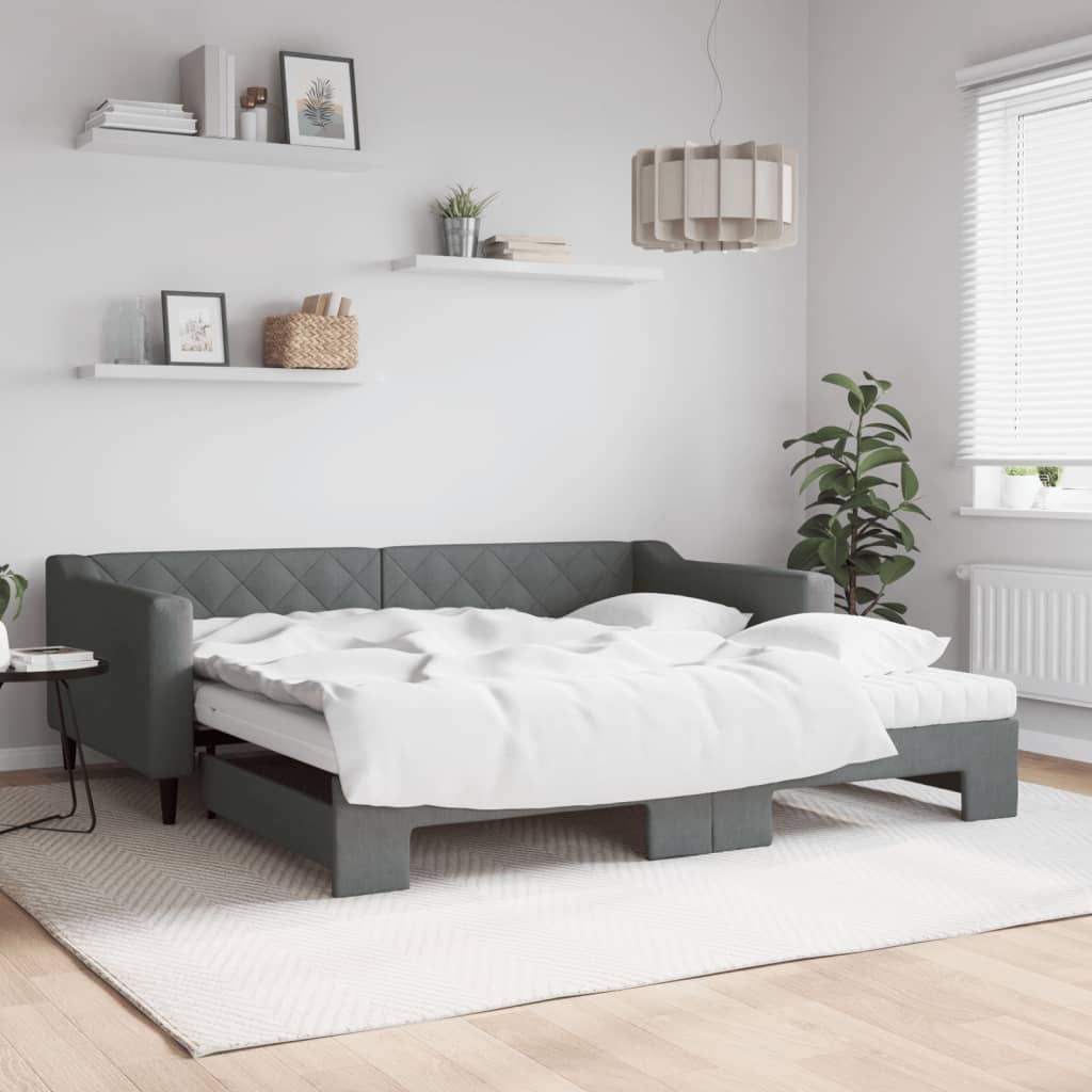 Lit de jour avec gigogne et matelas gris foncé 100x200 cm tissu - XIOS