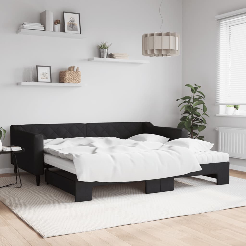 Lit de jour avec gigogne et matelas noir 100x200 cm tissu