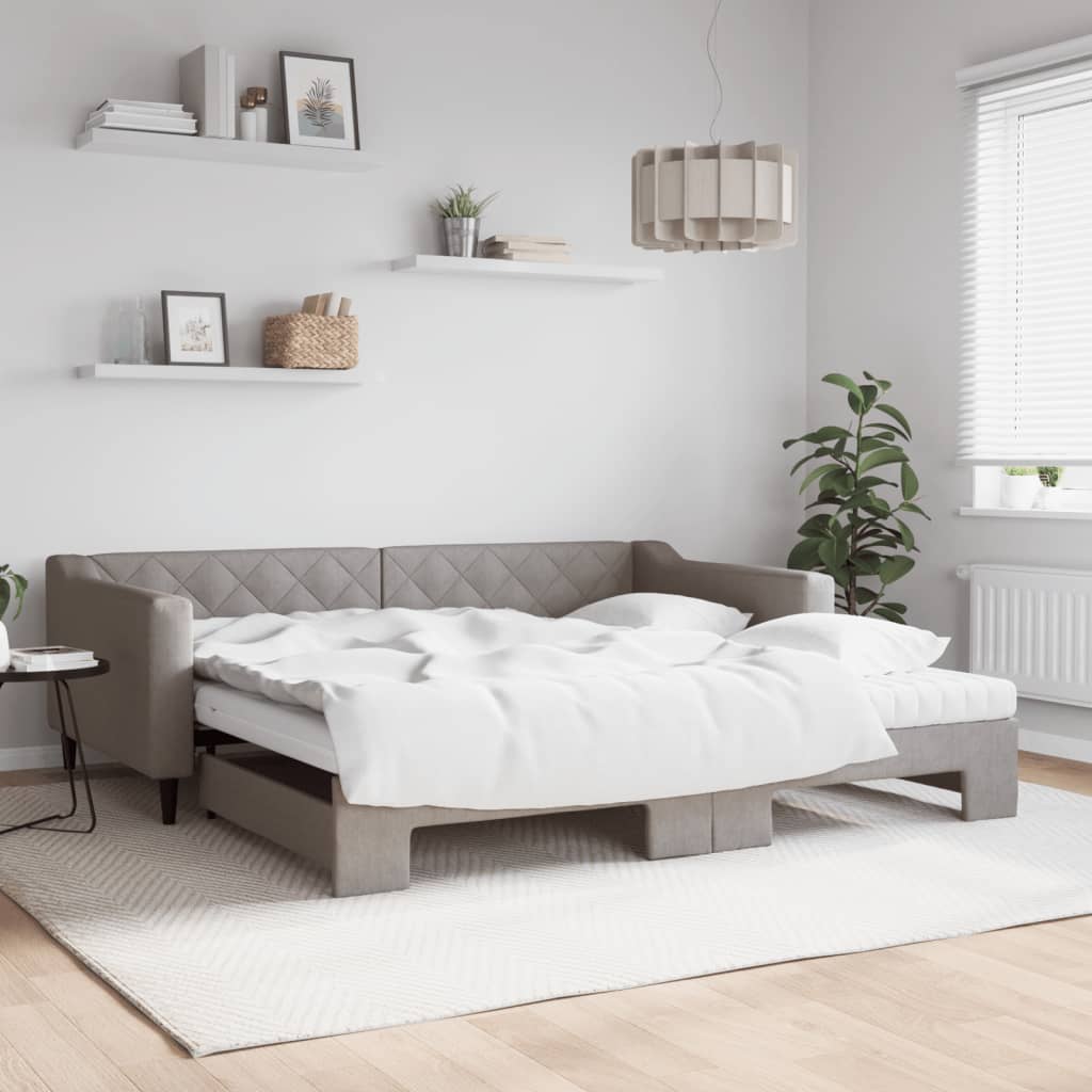 Lit de jour avec gigogne et matelas taupe 100x200 cm tissu - XIOS