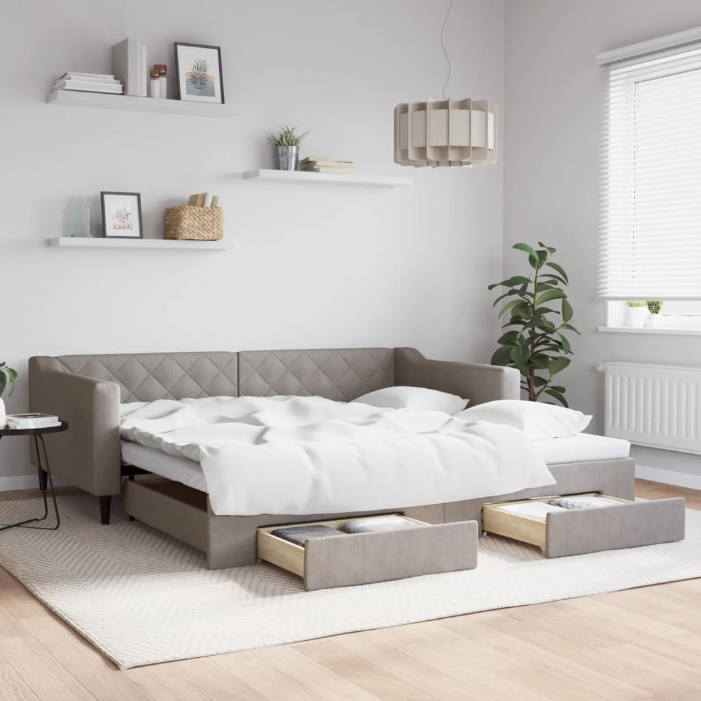 Lit de jour avec gigogne et tiroirs taupe 100x200 cm tissu - XIOS