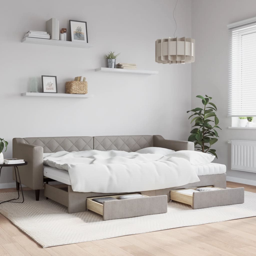 Lit de jour avec gigogne et tiroirs taupe 80x200 cm tissu