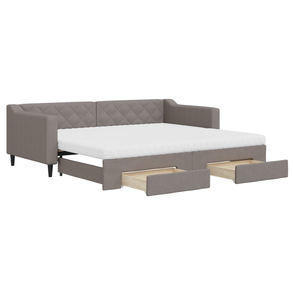 Lit de jour avec gigogne et tiroirs taupe 90x200 cm tissu
