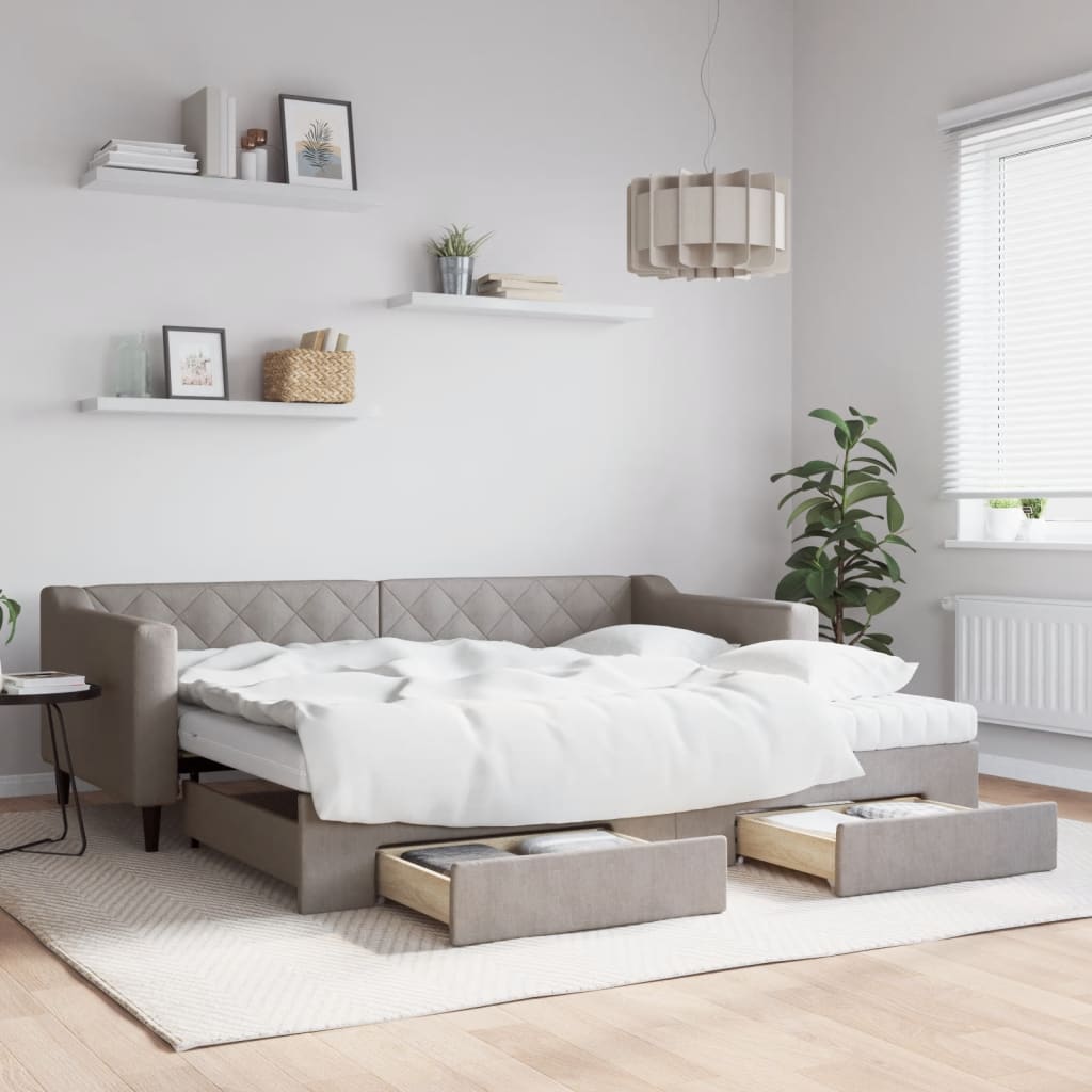 Lit de jour avec gigogne et tiroirs taupe 90x200 cm tissu