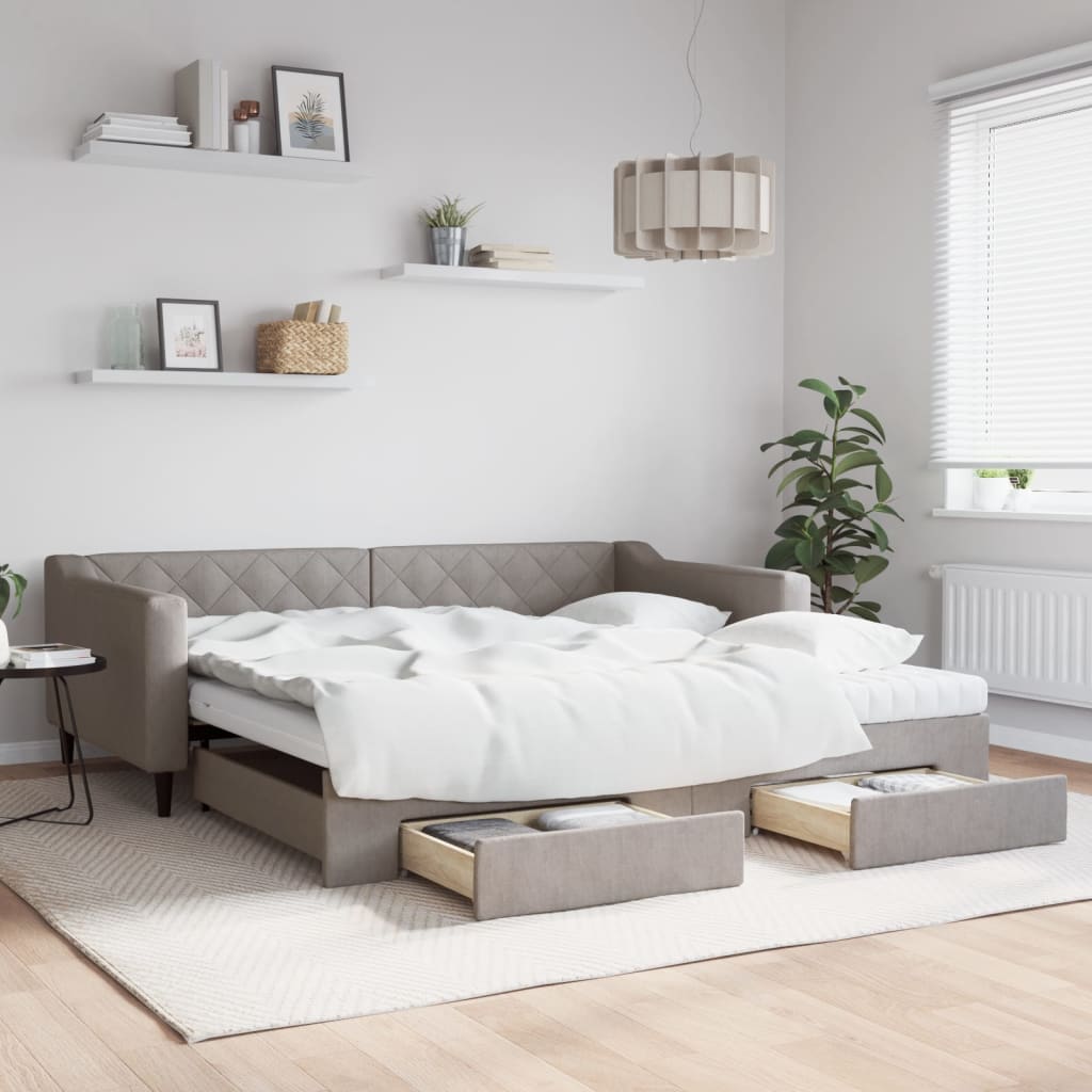 Lit de jour avec gigogne et tiroirs taupe 100x200 cm tissu - XIOS