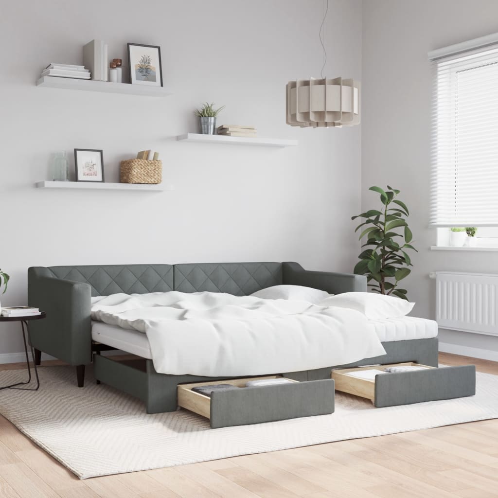 Lit de jour avec gigogne et tiroirs gris foncé 90x190 cm tissu - XIOS