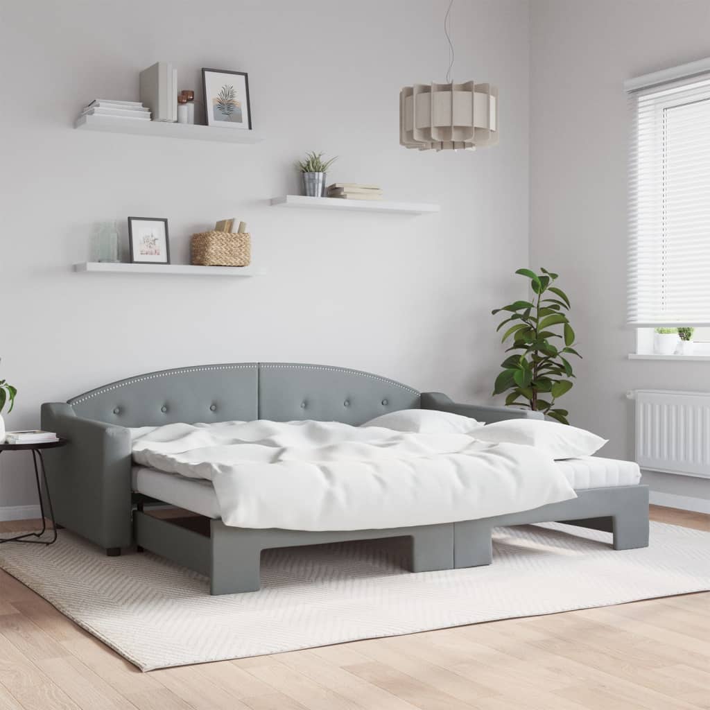Lit de jour avec gigogne et matelas gris clair 90x200 cm tissu - XIOS