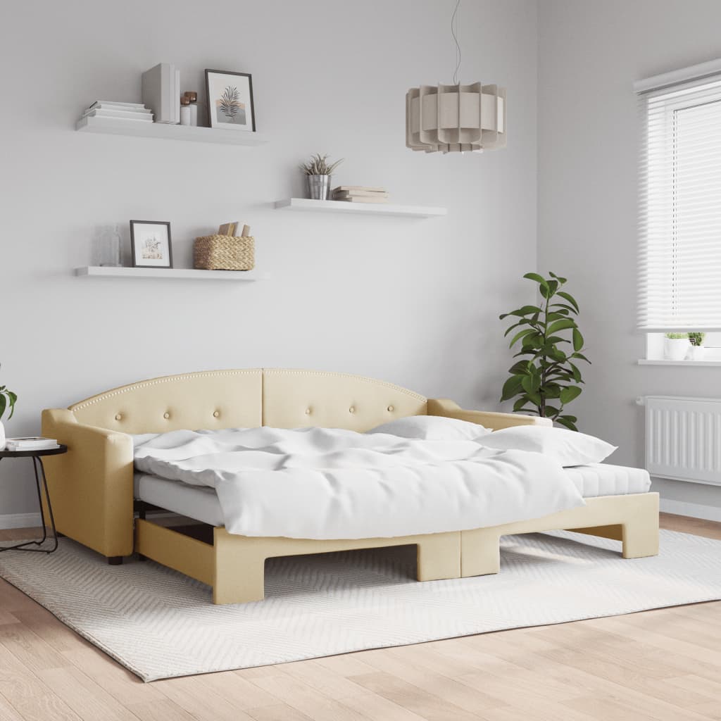 Lit de jour avec gigogne et matelas crème 90x200 cm tissu - XIOS