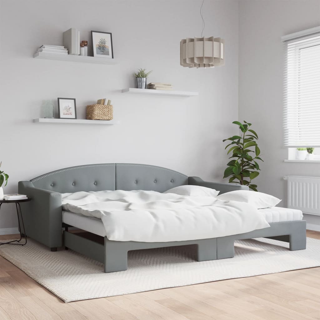 Lit de jour avec gigogne et matelas gris clair 100x200 cm tissu - XIOS