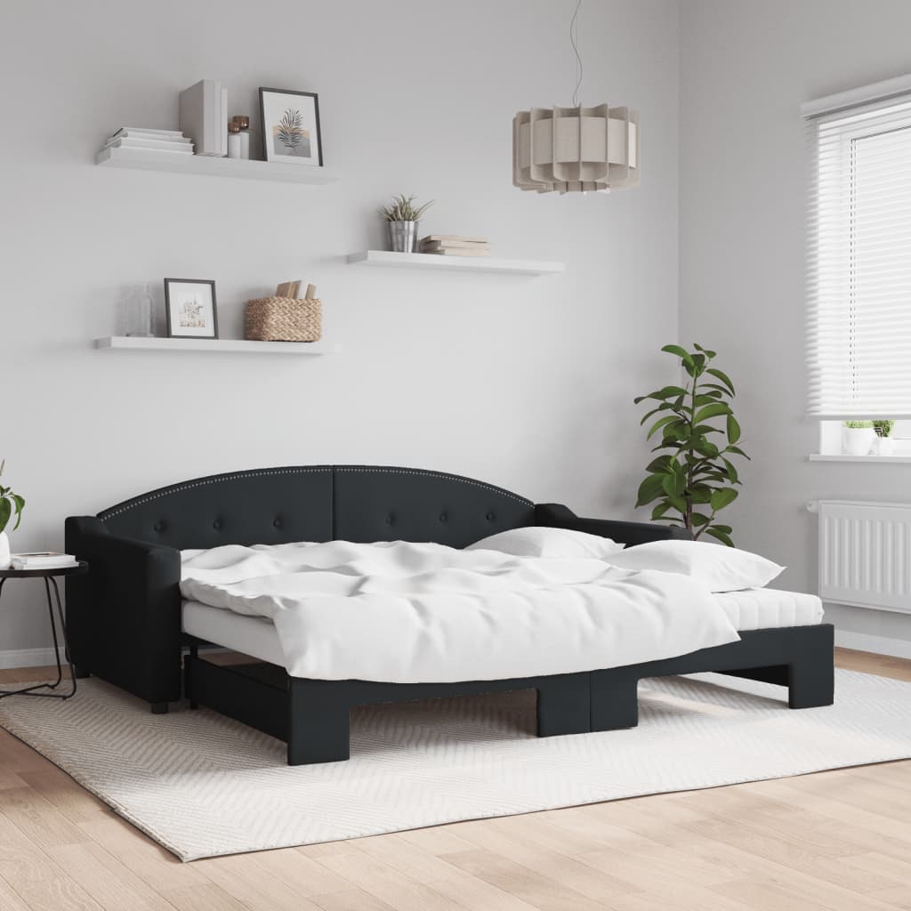 Lit de jour avec gigogne et matelas noir 90x190 cm tissu