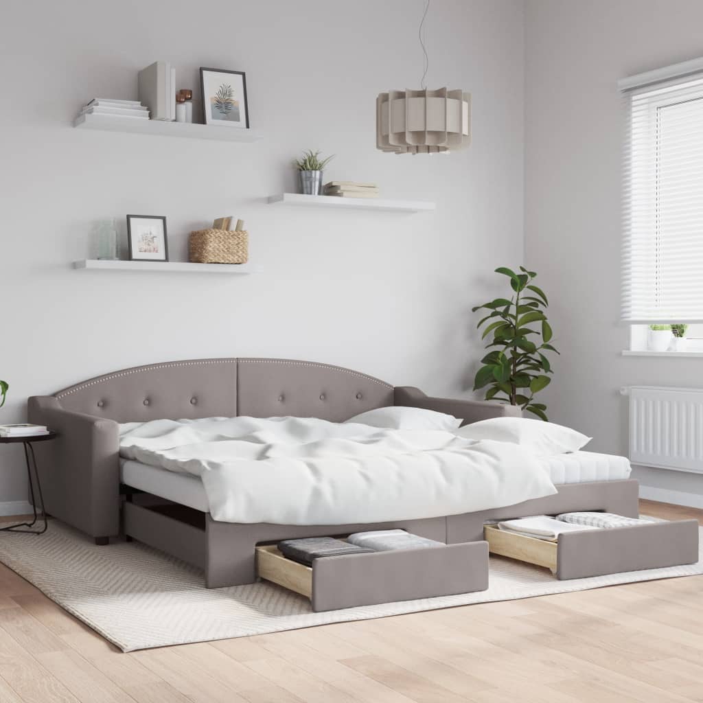 Lit de jour avec gigogne et tiroirs taupe 100x200 cm tissu - XIOS