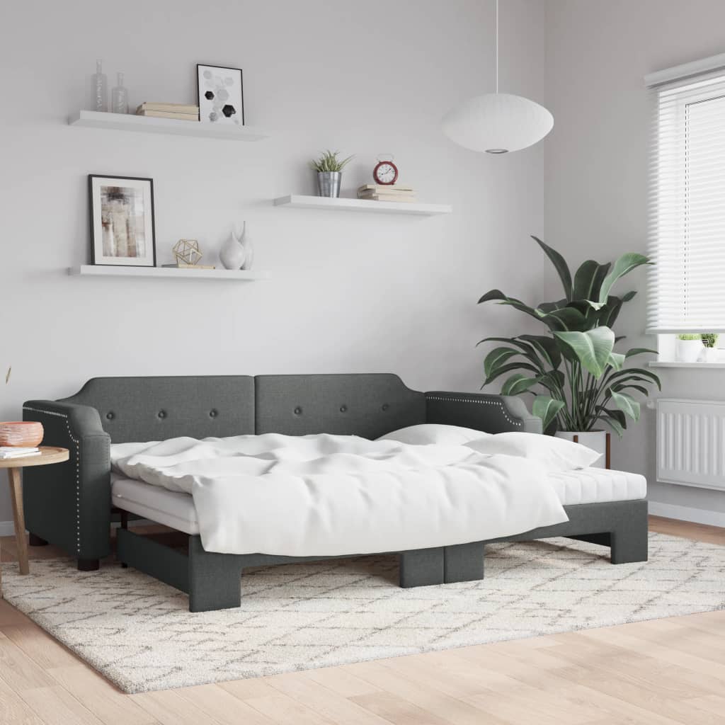 Lit de jour avec gigogne et matelas gris foncé 80x200 cm tissu