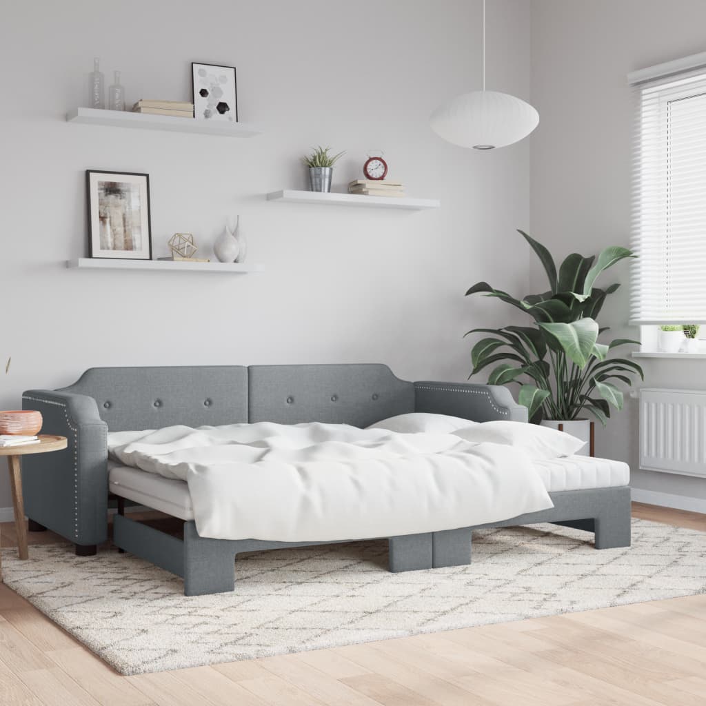 Lit de jour avec gigogne et matelas gris clair 90x200 cm tissu - XIOS