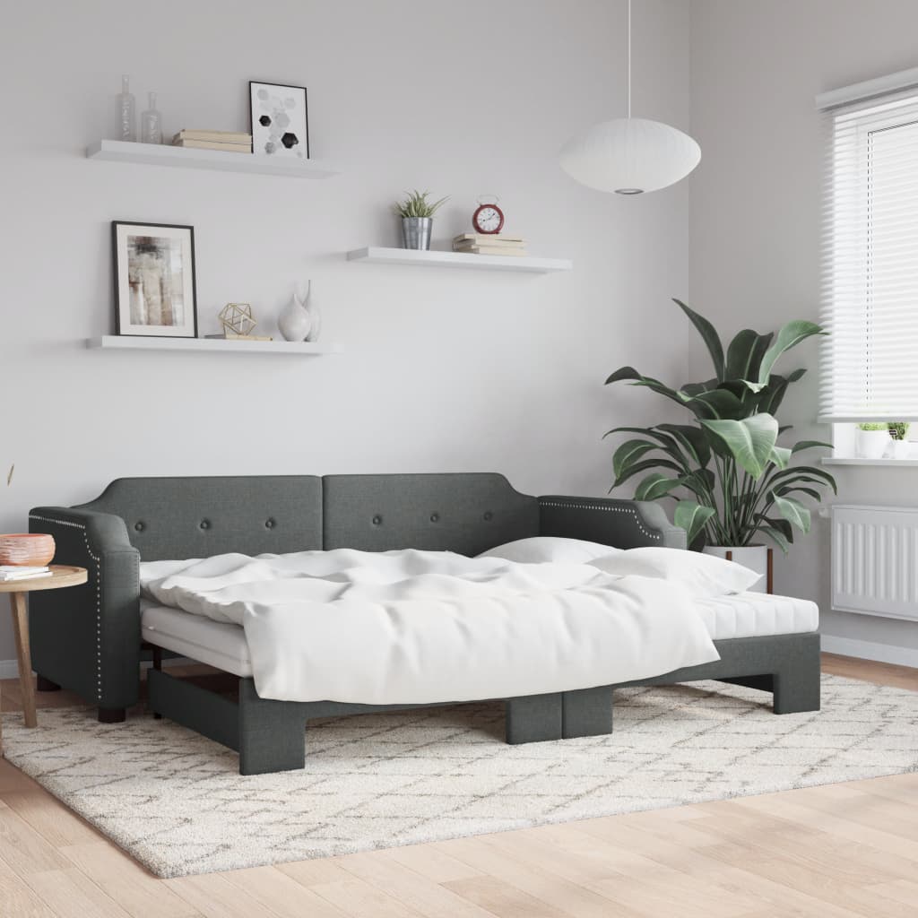 Lit de jour avec gigogne et matelas gris foncé 100x200 cm tissu - XIOS