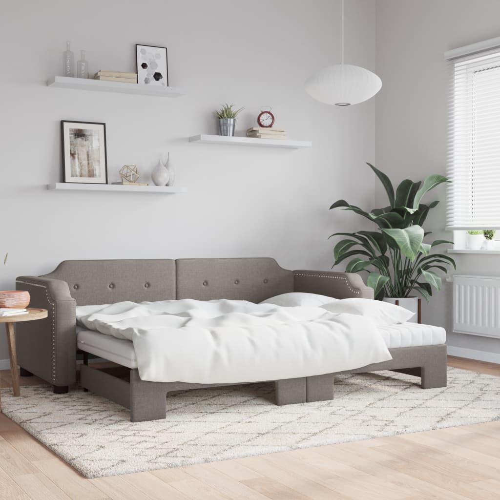 Lit de jour avec gigogne et matelas taupe 100x200 cm tissu - XIOS