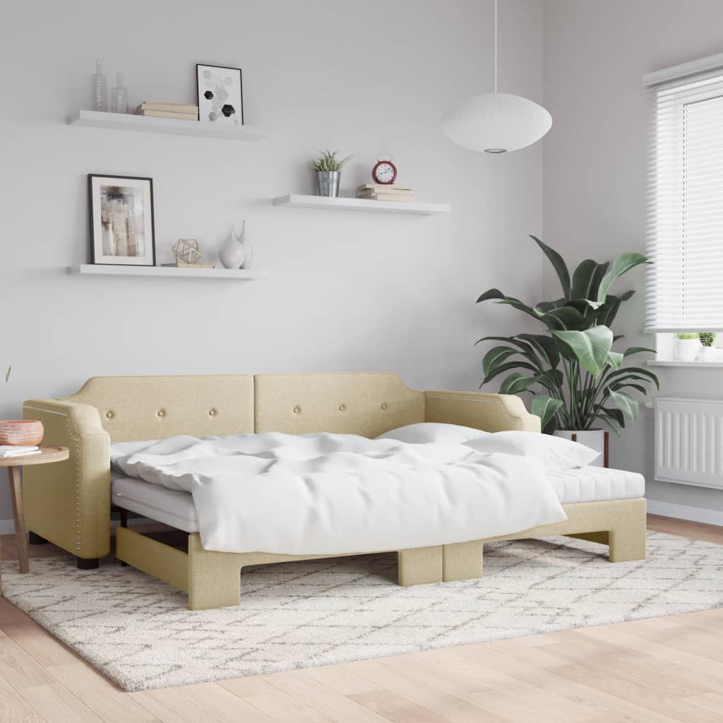 Lit de jour avec gigogne et matelas crème 100x200 cm tissu - XIOS