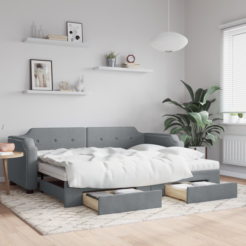 Lit de jour avec gigogne et tiroirs gris clair 80x200 cm tissu - XIOS