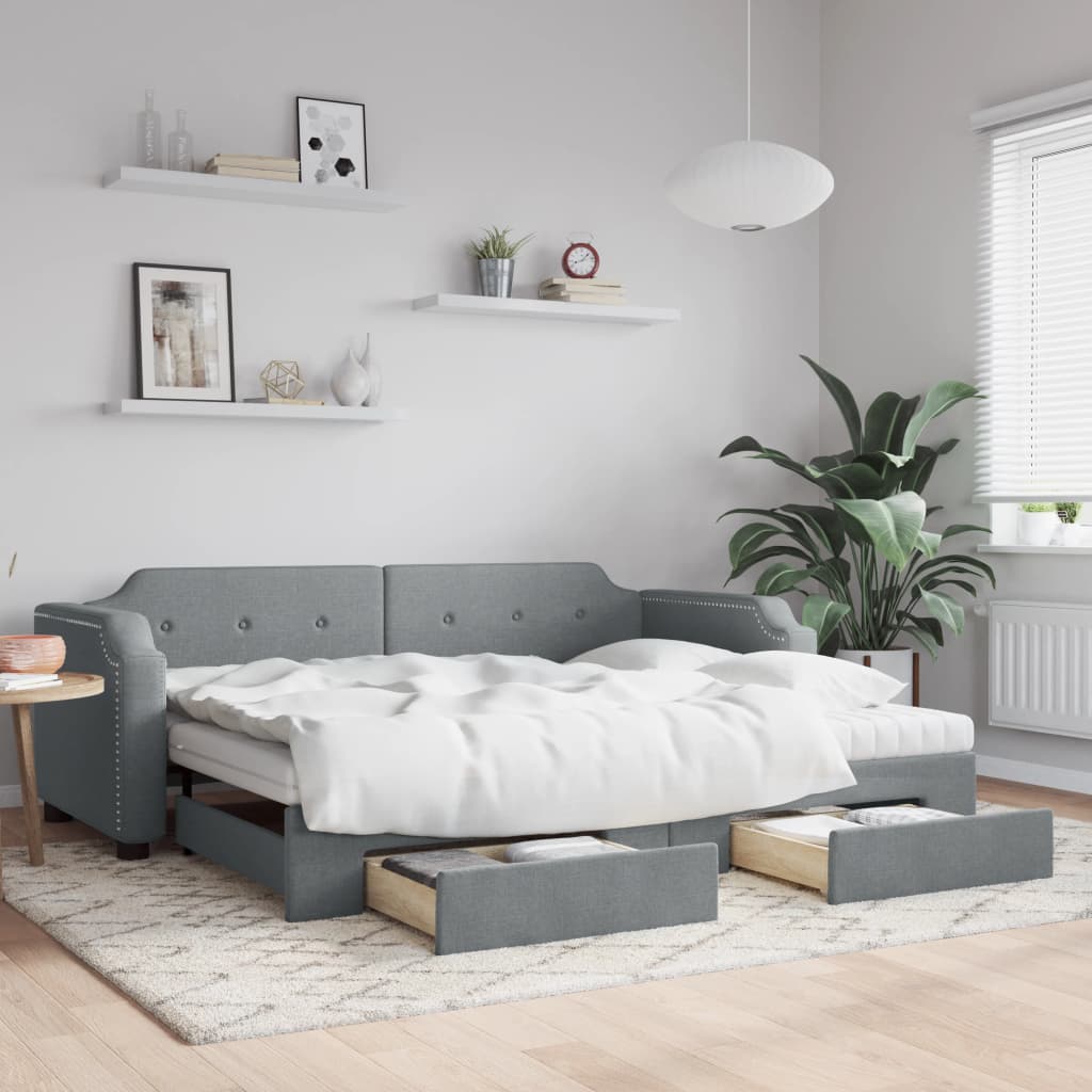 Lit de jour avec gigogne et tiroirs gris clair 90x200 cm tissu - XIOS