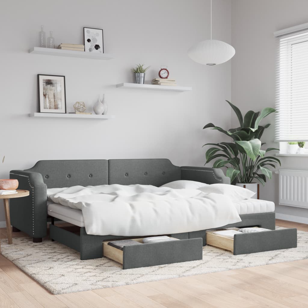 Lit de jour avec gigogne et tiroirs gris foncé 90x200 cm tissu - XIOS