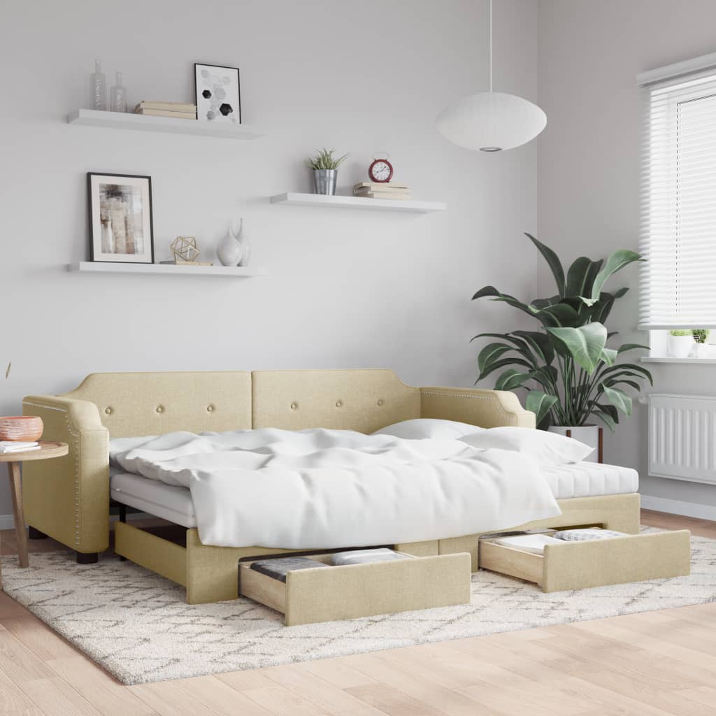 Lit de jour avec gigogne et tiroirs crème 90x200 cm tissu - XIOS