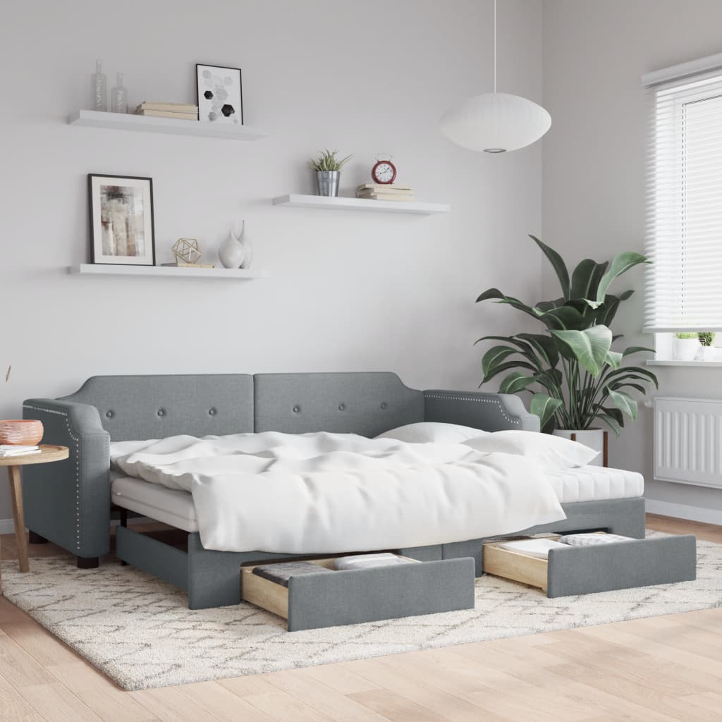 Lit de jour avec gigogne et tiroirs gris clair 100x200 cm tissu - XIOS