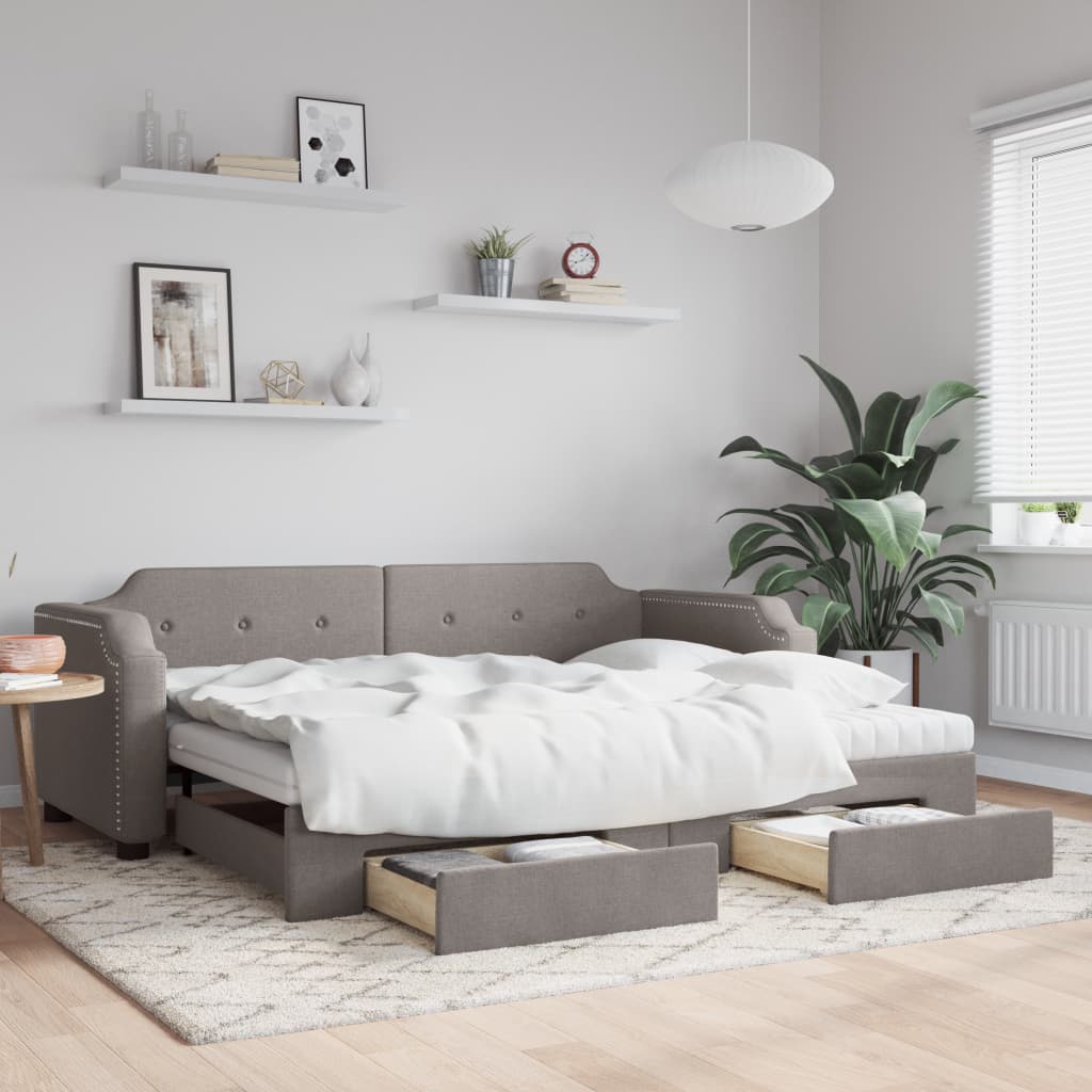 Lit de jour avec gigogne et tiroirs taupe 100x200 cm tissu - XIOS