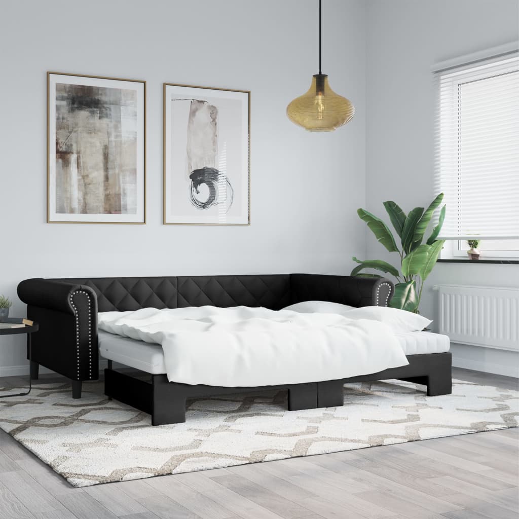 Lit de jour avec gigogne et matelas noir 90x200 cm similicuir