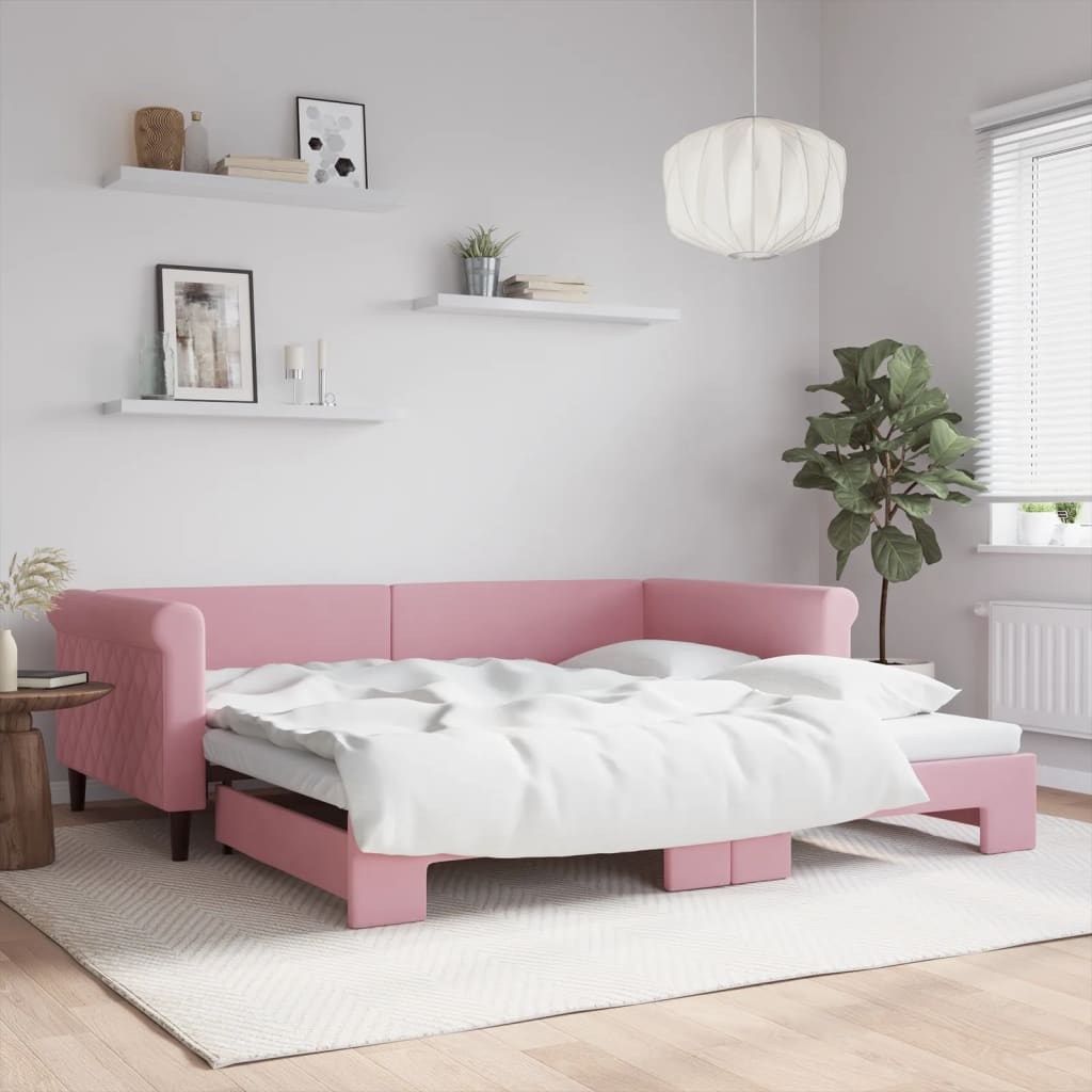 Lit de jour avec lit gigogne rose 100x200 cm velours