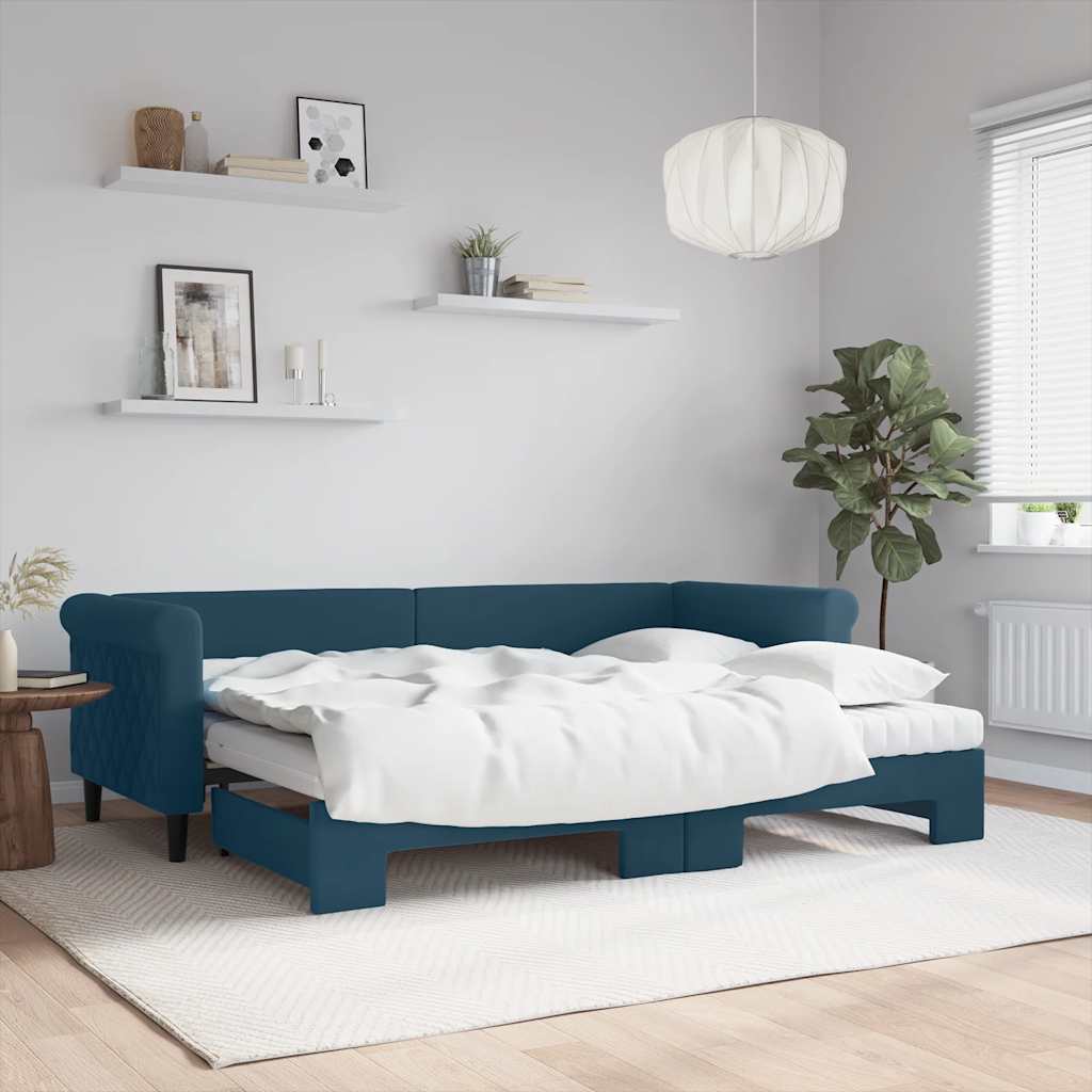 Lit de jour avec lit gigogne et matelas bleu 80x200 cm velours
