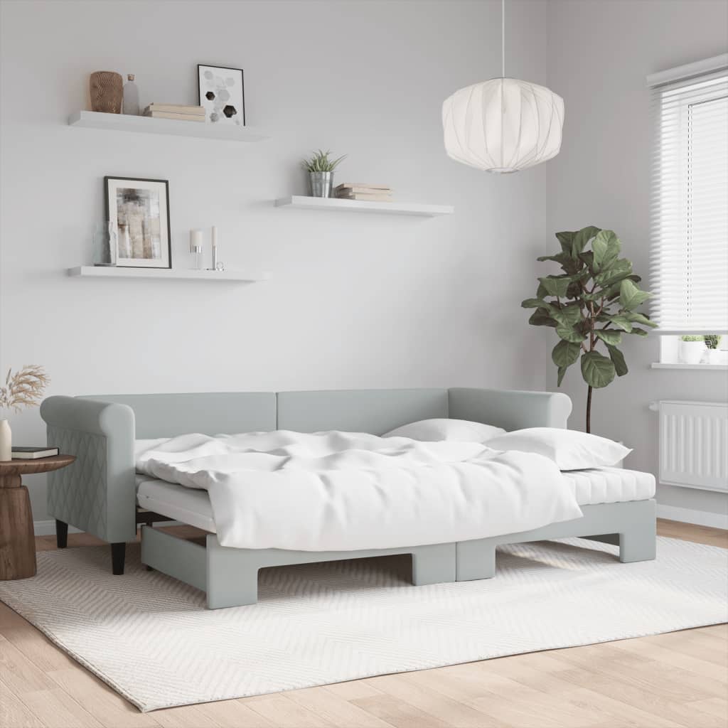 Lit de jour avec gigogne et matelas gris clair 80x200cm velours - XIOS