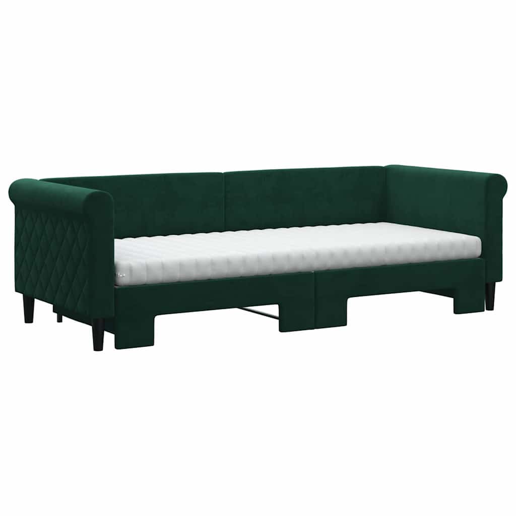 Lit de jour avec gigogne et matelas vert foncé 80x200cm velours