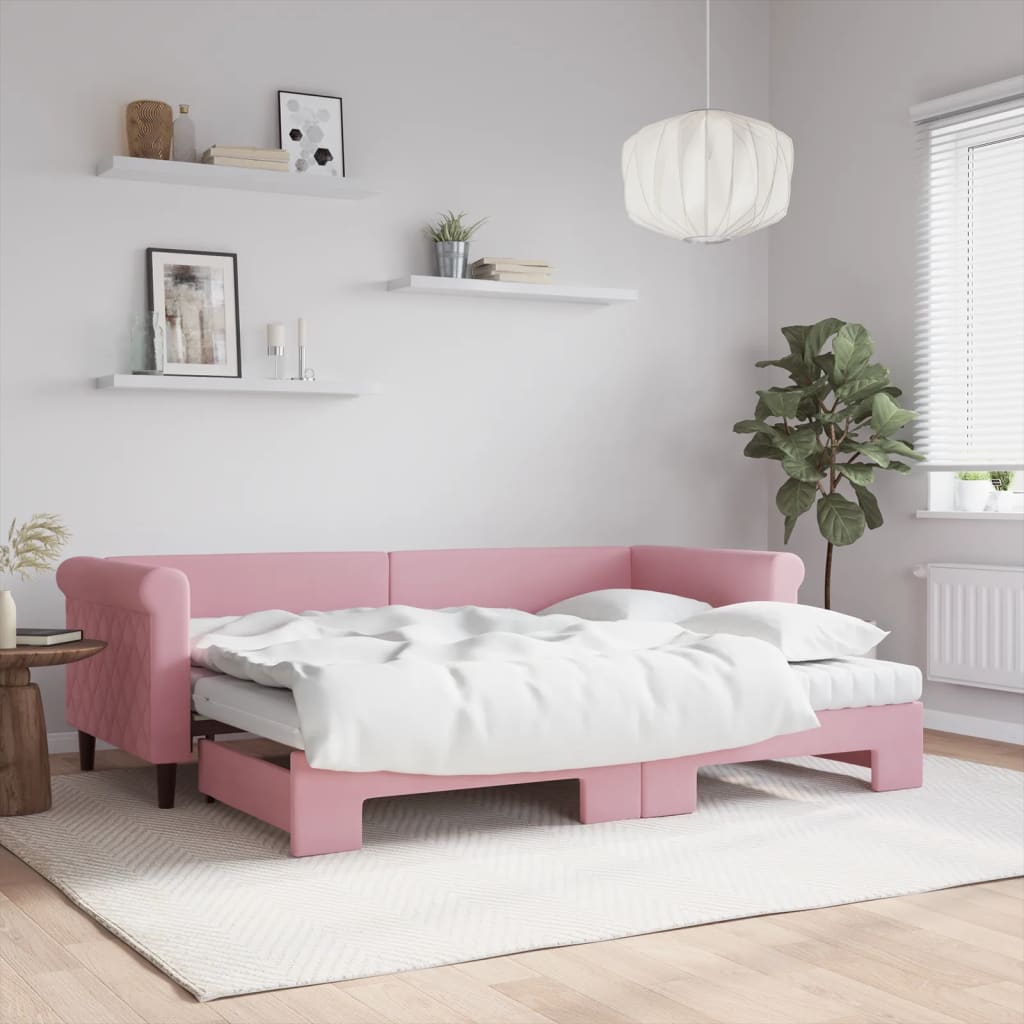 Lit de jour avec lit gigogne et matelas rose 80x200 cm velours - XIOS