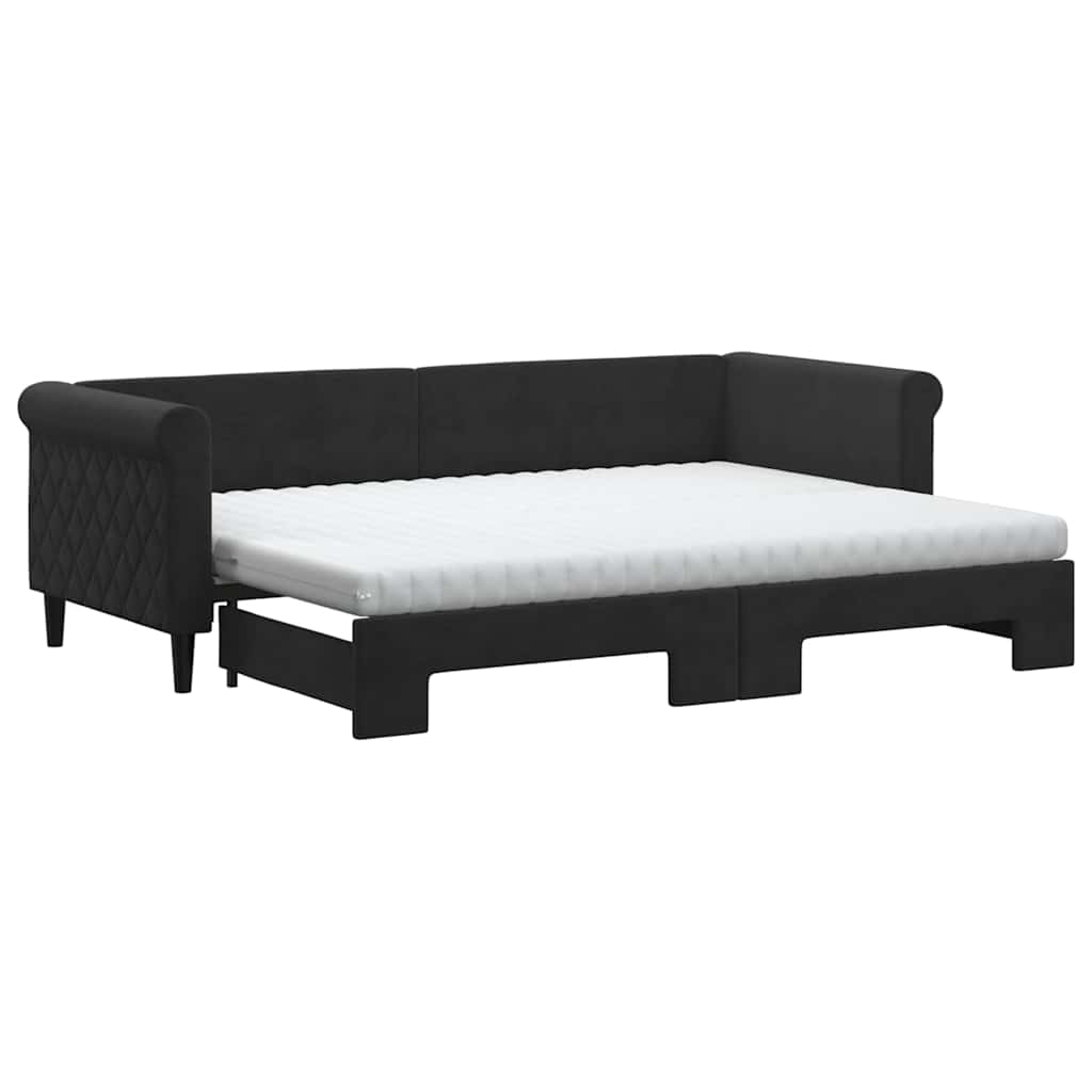 Lit de jour avec lit gigogne et matelas noir 80x200 cm velours - XIOS