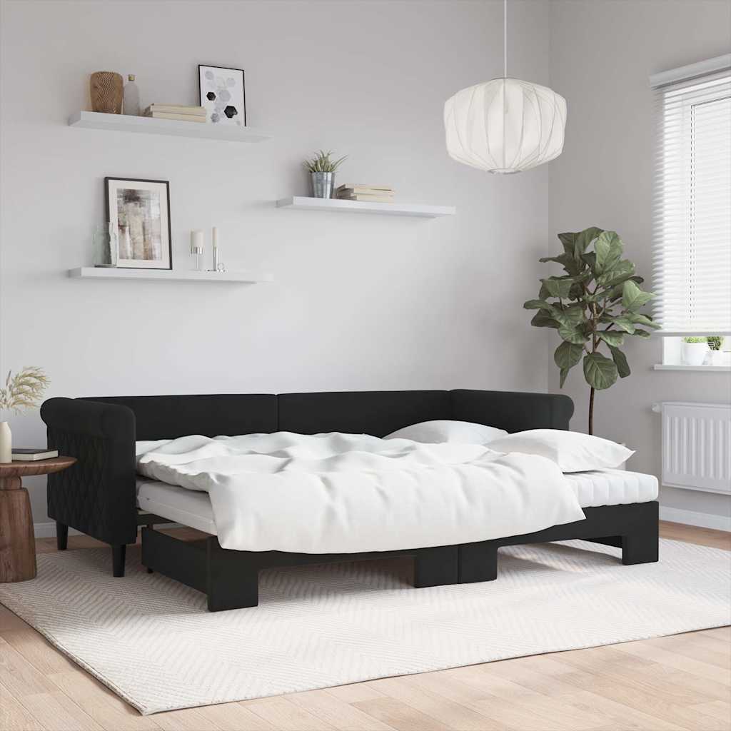 Lit de jour avec lit gigogne et matelas noir 80x200 cm velours - XIOS
