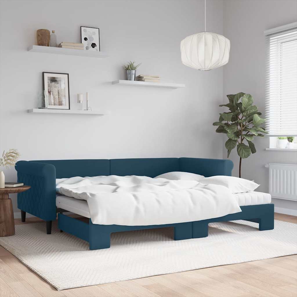 Lit de jour avec lit gigogne et matelas bleu 90x200 cm velours